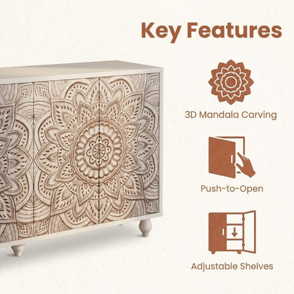 English Elm 60 Inch Boho Mandala Carved Sideboard with Push Open Doors and Turned Leg Storage White W1435P491239