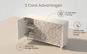 English Elm 60 Inch Boho Mandala Carved Sideboard with Push Open Doors and Turned Leg Storage White W1435P491239