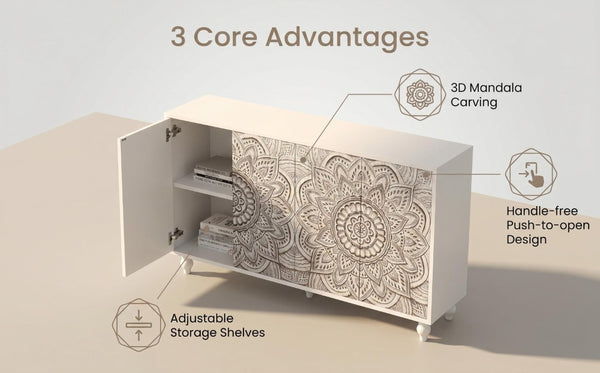 English Elm 60 Inch Boho Mandala Carved Sideboard with Push Open Doors and Turned Leg Storage White W1435P491239