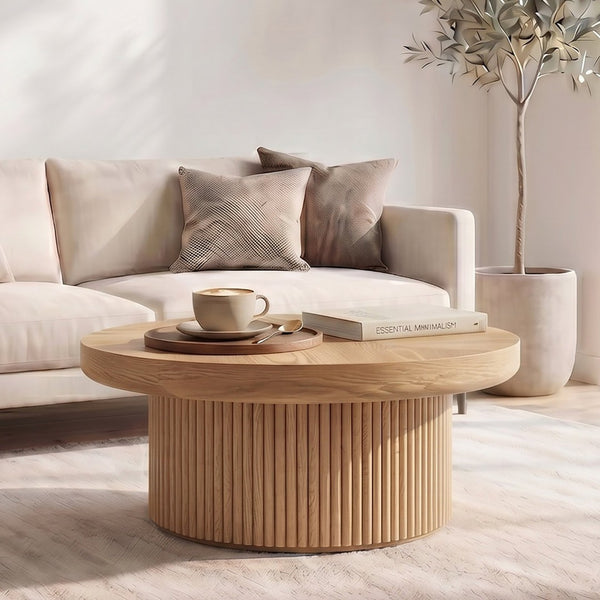 English Elm 33.5'' Round Parquet Top Coffee Table Fluted Drum Base Mid-century Oak Living Room Natural Wood W1435P507458
