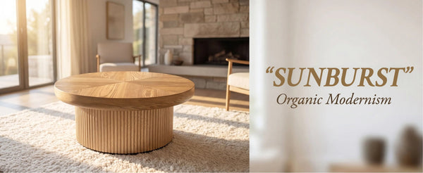 English Elm 33.5'' Round Parquet Top Coffee Table Fluted Drum Base Mid-century Oak Living Room Natural Wood W1435P507458