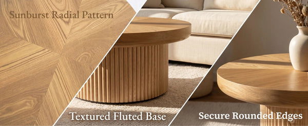 English Elm 33.5'' Round Parquet Top Coffee Table Fluted Drum Base Mid-century Oak Living Room Natural Wood W1435P507458