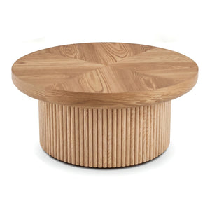 English Elm 33.5'' Round Parquet Top Coffee Table Fluted Drum Base Mid-century Oak Living Room Natural Wood W1435P507458