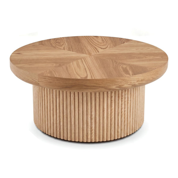 English Elm 33.5'' Round Parquet Top Coffee Table Fluted Drum Base Mid-century Oak Living Room Natural Wood W1435P507458