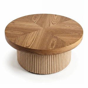 English Elm 33.5'' Round Parquet Top Coffee Table Fluted Drum Base Mid-century Oak Living Room Natural Wood W1435P507458