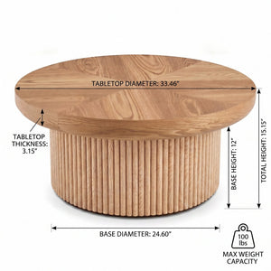 English Elm 33.5'' Round Parquet Top Coffee Table Fluted Drum Base Mid-century Oak Living Room Natural Wood W1435P507458