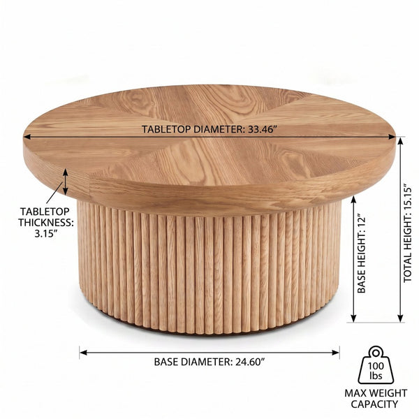English Elm 33.5'' Round Parquet Top Coffee Table Fluted Drum Base Mid-century Oak Living Room Natural Wood W1435P507458