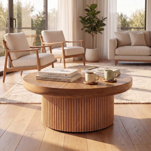 English Elm 33.5'' Round Parquet Top Coffee Table Fluted Drum Base Mid-century Oak Living Room Natural Wood W1435P507458