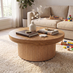 English Elm 33.5'' Round Parquet Top Coffee Table Fluted Drum Base Mid-century Oak Living Room Natural Wood W1435P507458