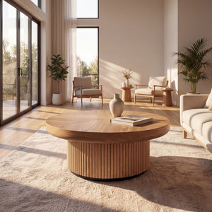 English Elm 33.5'' Round Parquet Top Coffee Table Fluted Drum Base Mid-century Oak Living Room Natural Wood W1435P507458