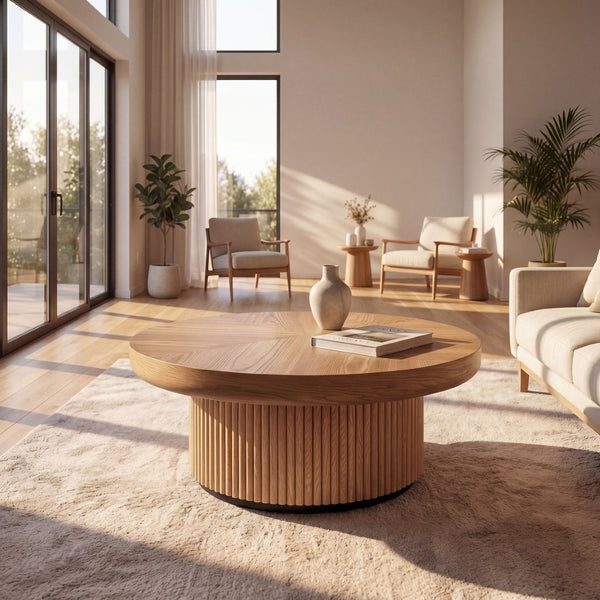 English Elm 33.5'' Round Parquet Top Coffee Table Fluted Drum Base Mid-century Oak Living Room Natural Wood W1435P507458