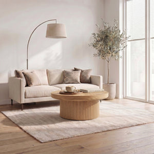 English Elm 33.5'' Round Parquet Top Coffee Table Fluted Drum Base Mid-century Oak Living Room Natural Wood W1435P507458
