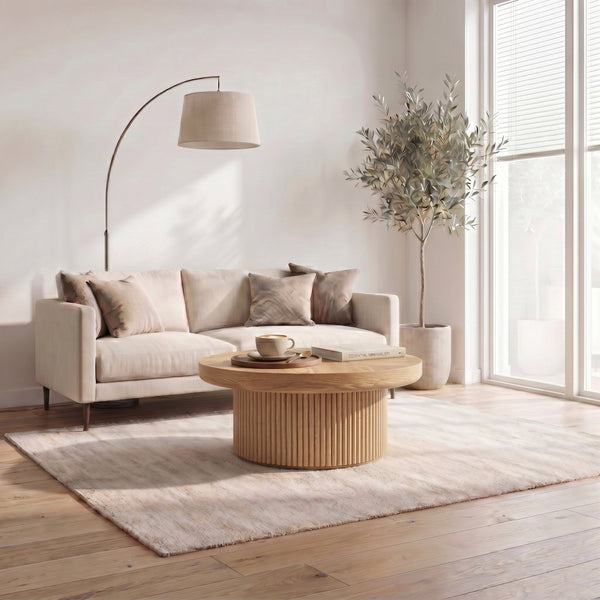 English Elm 33.5'' Round Parquet Top Coffee Table Fluted Drum Base Mid-century Oak Living Room Natural Wood W1435P507458