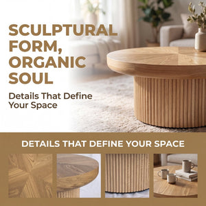 English Elm 33.5'' Round Parquet Top Coffee Table Fluted Drum Base Mid-century Oak Living Room Natural Wood W1435P507458