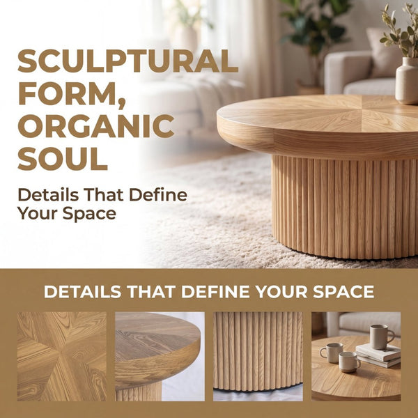 English Elm 33.5'' Round Parquet Top Coffee Table Fluted Drum Base Mid-century Oak Living Room Natural Wood W1435P507458