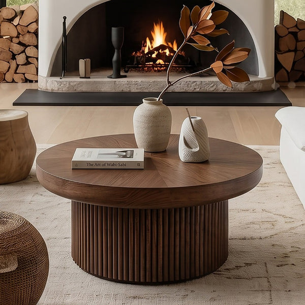 English Elm 33.5'' Round Parquet Walnut Coffee Table with Fluted Drum Base for Living Room W1435P507462