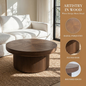 English Elm 33.5'' Round Parquet Walnut Coffee Table with Fluted Drum Base for Living Room W1435P507462