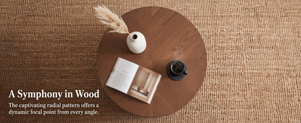 English Elm 33.5'' Round Parquet Walnut Coffee Table with Fluted Drum Base for Living Room W1435P507462