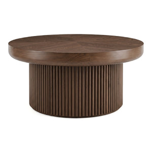 English Elm 33.5'' Round Parquet Walnut Coffee Table with Fluted Drum Base for Living Room W1435P507462