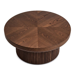 English Elm 33.5'' Round Parquet Walnut Coffee Table with Fluted Drum Base for Living Room W1435P507462