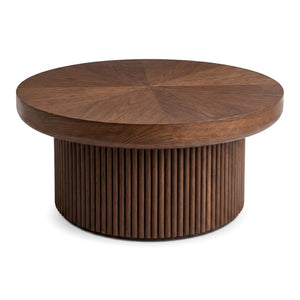 English Elm 33.5'' Round Parquet Walnut Coffee Table with Fluted Drum Base for Living Room W1435P507462