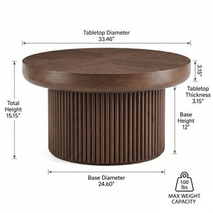 English Elm 33.5'' Round Parquet Walnut Coffee Table with Fluted Drum Base for Living Room W1435P507462