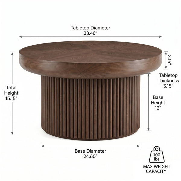 English Elm 33.5'' Round Parquet Walnut Coffee Table with Fluted Drum Base for Living Room W1435P507462