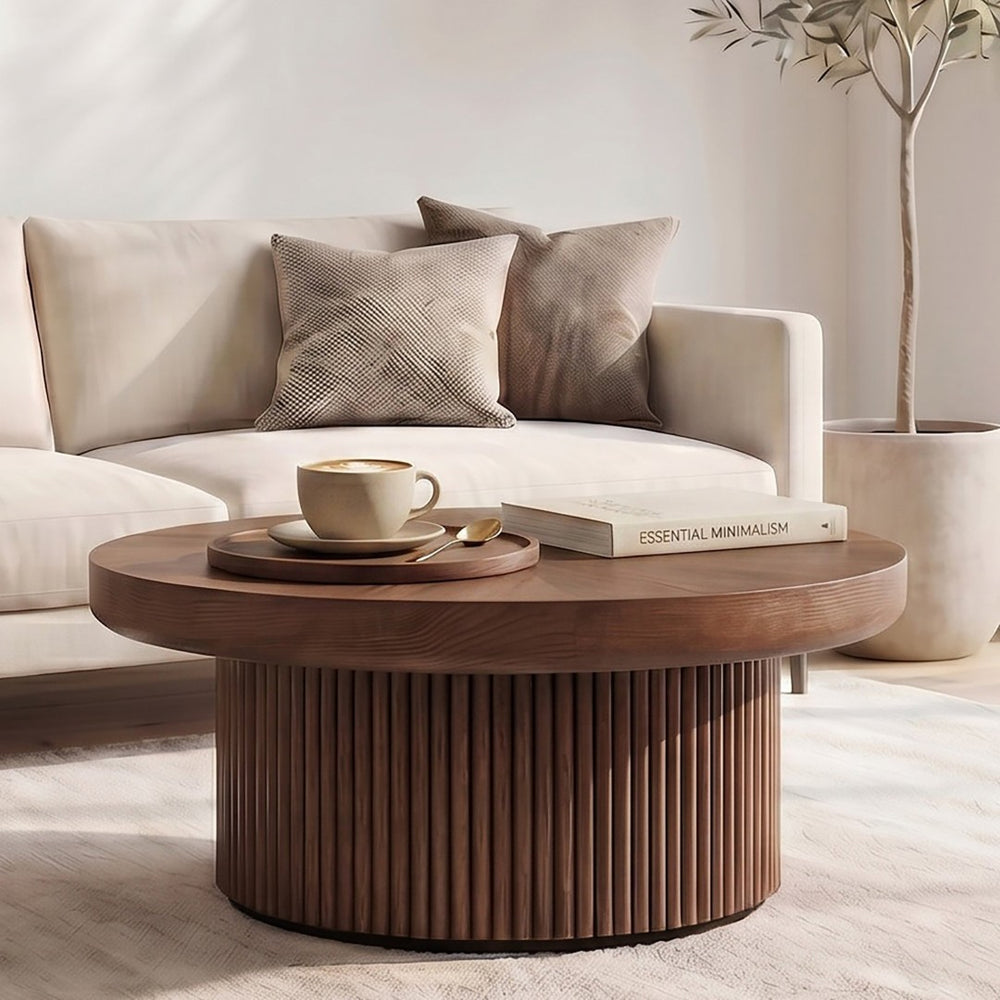 English Elm 33.5'' Round Parquet Walnut Coffee Table with Fluted Drum Base for Living Room W1435P507462