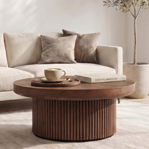 English Elm 33.5'' Round Parquet Walnut Coffee Table with Fluted Drum Base for Living Room W1435P507462