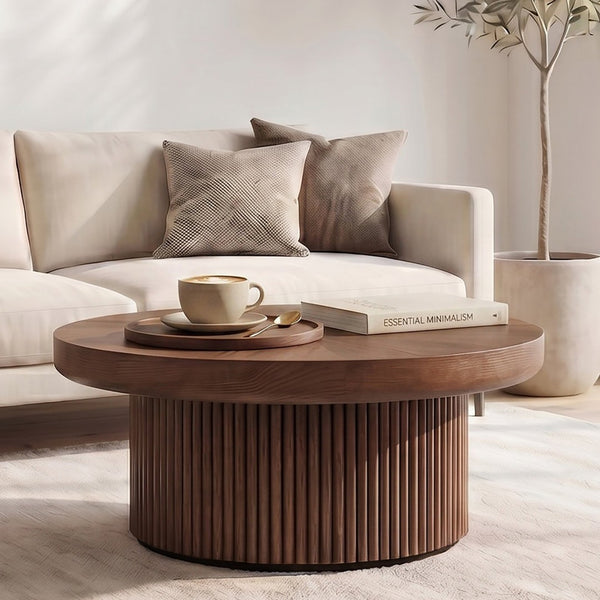 English Elm 33.5'' Round Parquet Walnut Coffee Table with Fluted Drum Base for Living Room W1435P507462