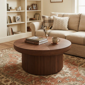 English Elm 33.5'' Round Parquet Walnut Coffee Table with Fluted Drum Base for Living Room W1435P507462