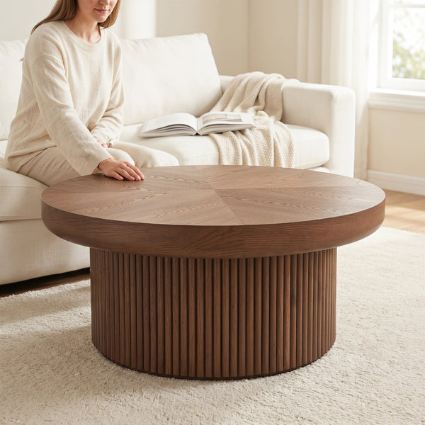 English Elm 33.5'' Round Parquet Walnut Coffee Table with Fluted Drum Base for Living Room W1435P507462