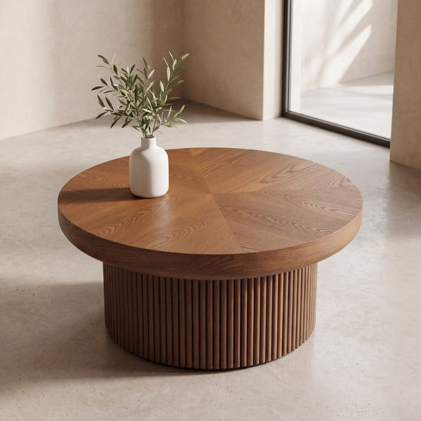 English Elm 33.5'' Round Parquet Walnut Coffee Table with Fluted Drum Base for Living Room W1435P507462