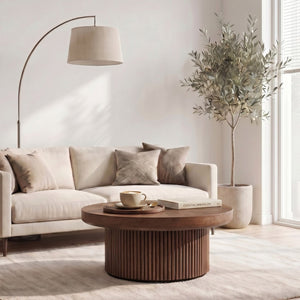 English Elm 33.5'' Round Parquet Walnut Coffee Table with Fluted Drum Base for Living Room W1435P507462