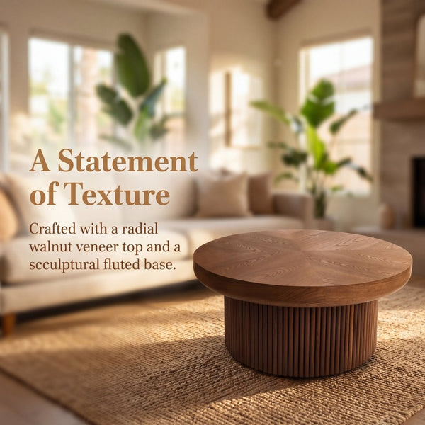 English Elm 33.5'' Round Parquet Walnut Coffee Table with Fluted Drum Base for Living Room W1435P507462