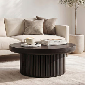 English Elm 33.5'' Round Parquet Top Coffee Table Fluted Drum Base Mid-century Oak Living Room Black W1435P507465