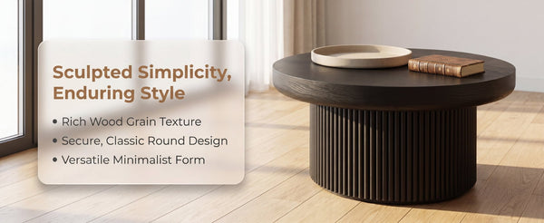English Elm 33.5'' Round Parquet Top Coffee Table Fluted Drum Base Mid-century Oak Living Room Black W1435P507465