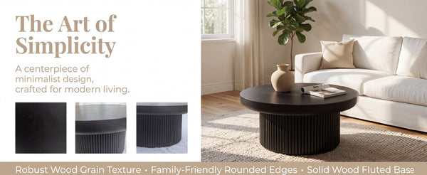 English Elm 33.5'' Round Parquet Top Coffee Table Fluted Drum Base Mid-century Oak Living Room Black W1435P507465