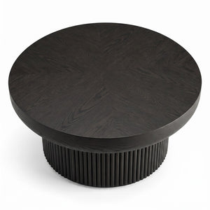 English Elm 33.5'' Round Parquet Top Coffee Table Fluted Drum Base Mid-century Oak Living Room Black W1435P507465