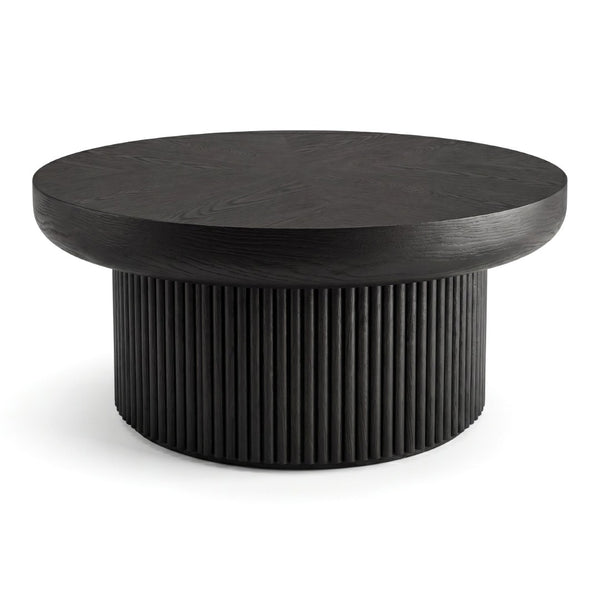 English Elm 33.5'' Round Parquet Top Coffee Table Fluted Drum Base Mid-century Oak Living Room Black W1435P507465