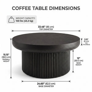 English Elm 33.5'' Round Parquet Top Coffee Table Fluted Drum Base Mid-century Oak Living Room Black W1435P507465