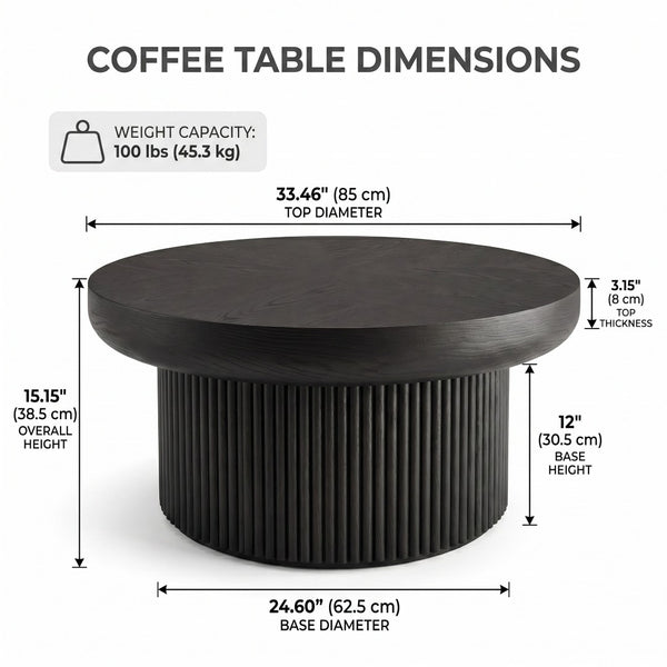 English Elm 33.5'' Round Parquet Top Coffee Table Fluted Drum Base Mid-century Oak Living Room Black W1435P507465