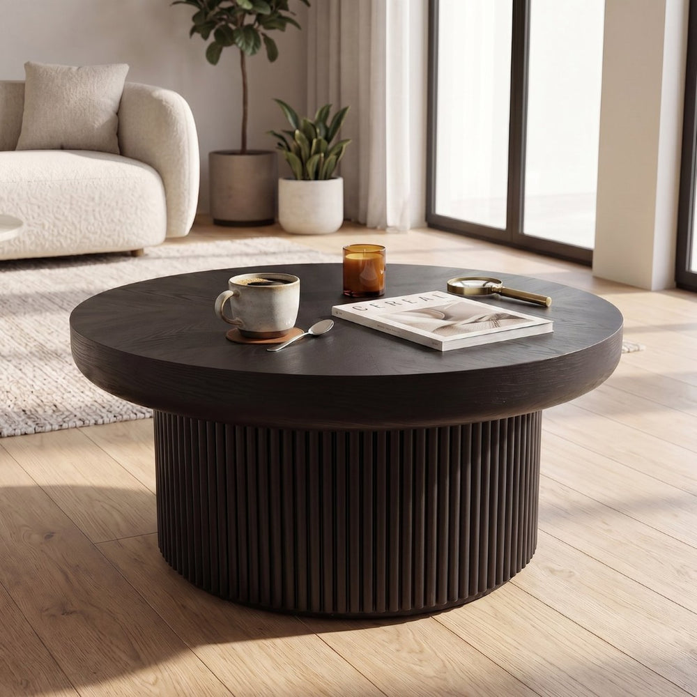 English Elm 33.5'' Round Parquet Top Coffee Table Fluted Drum Base Mid-century Oak Living Room Black W1435P507465