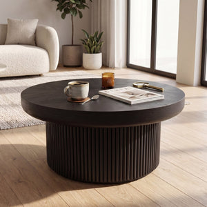 English Elm 33.5'' Round Parquet Top Coffee Table Fluted Drum Base Mid-century Oak Living Room Black W1435P507465