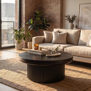English Elm 33.5'' Round Parquet Top Coffee Table Fluted Drum Base Mid-century Oak Living Room Black W1435P507465