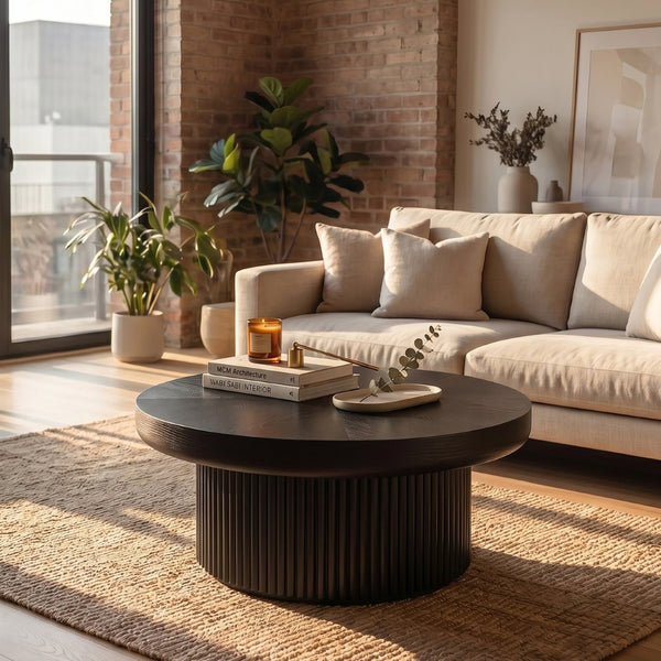 English Elm 33.5'' Round Parquet Top Coffee Table Fluted Drum Base Mid-century Oak Living Room Black W1435P507465