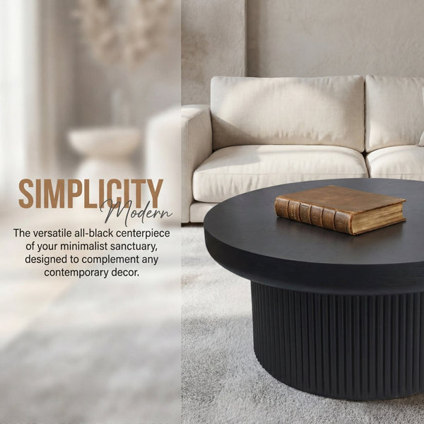English Elm 33.5'' Round Parquet Top Coffee Table Fluted Drum Base Mid-century Oak Living Room Black W1435P507465