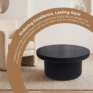 English Elm 33.5'' Round Parquet Top Coffee Table Fluted Drum Base Mid-century Oak Living Room Black W1435P507465