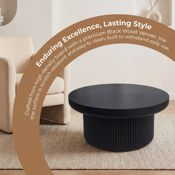 English Elm 33.5'' Round Parquet Top Coffee Table Fluted Drum Base Mid-century Oak Living Room Black W1435P507465