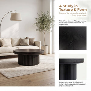 English Elm 33.5'' Round Parquet Top Coffee Table Fluted Drum Base Mid-century Oak Living Room Black W1435P507465